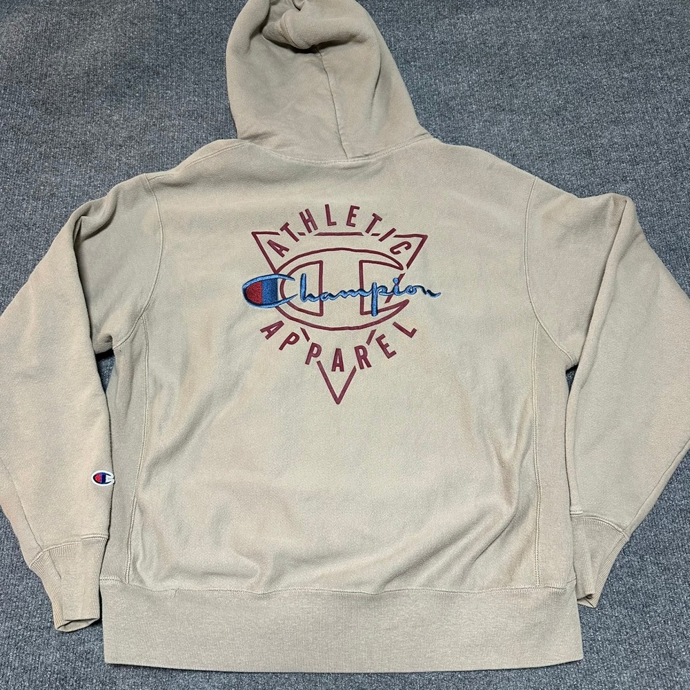 Champion Reverse Weave Hoodie Tan Athletic Apparel Graphic Pullover Mens Large